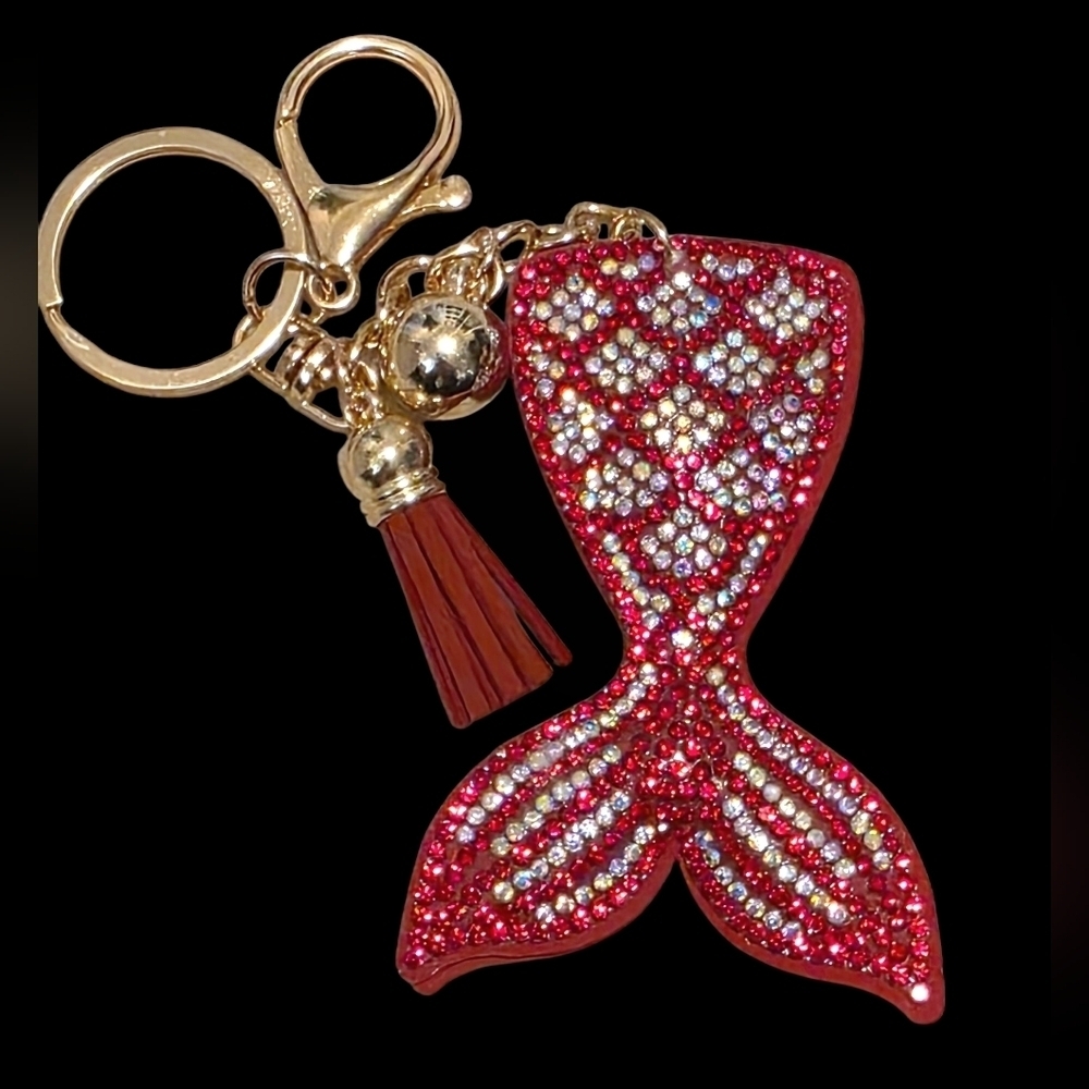 Red Rhinestone Mermaid Tail Bag Charm Keychain
